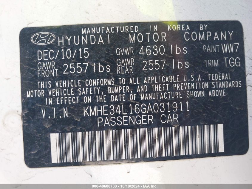 2016 Hyundai Sonata Hybrid Limited VIN: KMHE34L16GA031911 Lot: 40608730