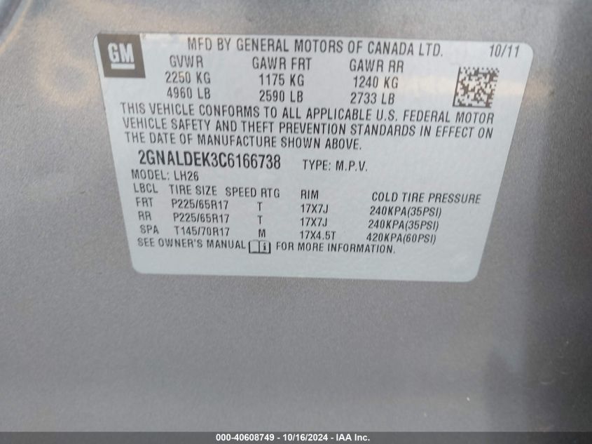 2012 Chevrolet Equinox 1Lt VIN: 2GNALDEK3C6166738 Lot: 40608749