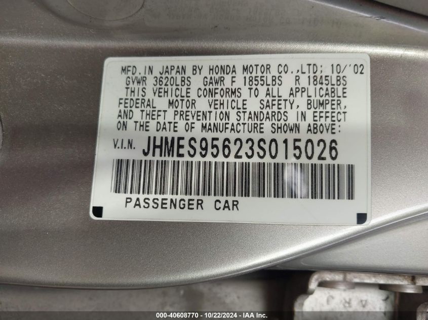 2003 Honda Civic Hybrid VIN: JHMES95623S015026 Lot: 40608770