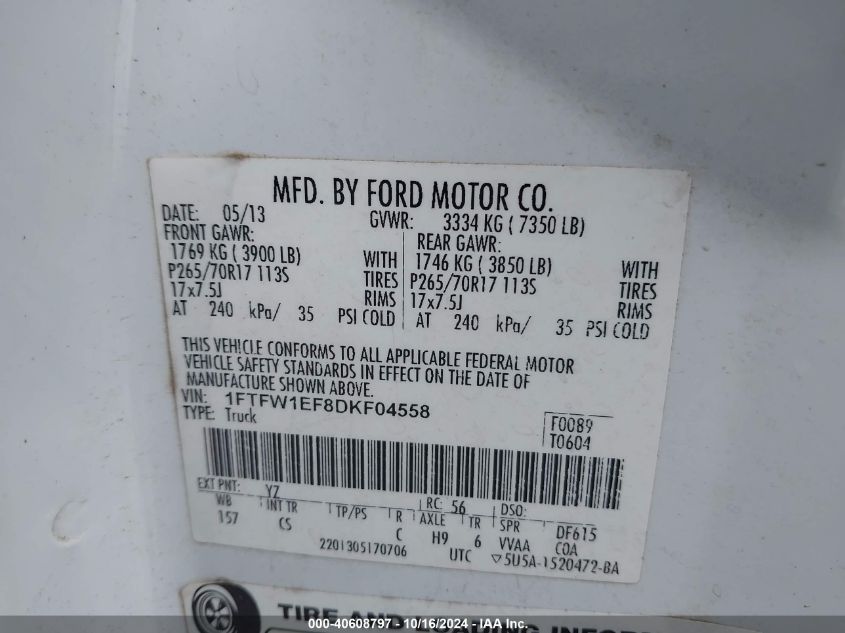 2013 Ford F-150 Xl VIN: 1FTFW1EF8DKF04558 Lot: 40608797