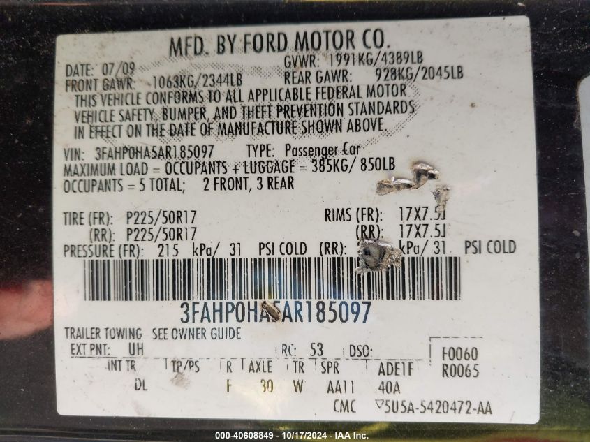 2010 Ford Fusion Se VIN: 3FAHP0HA5AR185097 Lot: 40608849