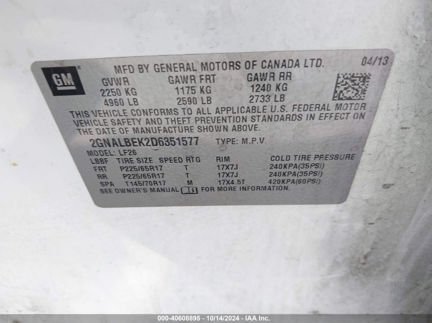 2013 Chevrolet Equinox Ls VIN: 2GNALBEK2D6351577 Lot: 40608895