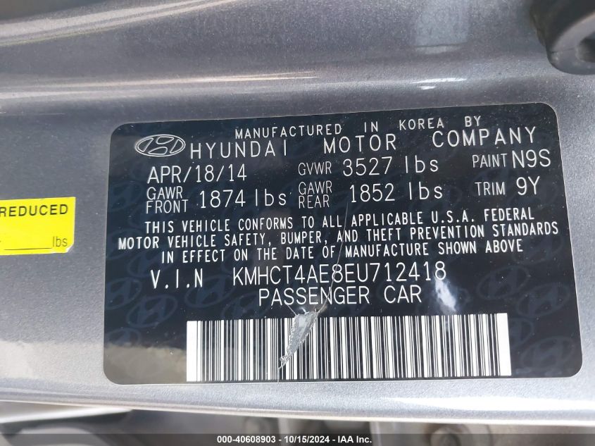 2014 Hyundai Accent Gls VIN: KMHCT4AE8EU712418 Lot: 40608903