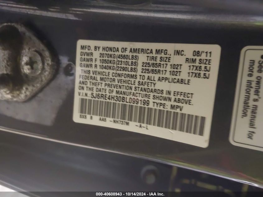 2011 Honda Cr-V Lx VIN: 5J6RE4H30BL099199 Lot: 40608943