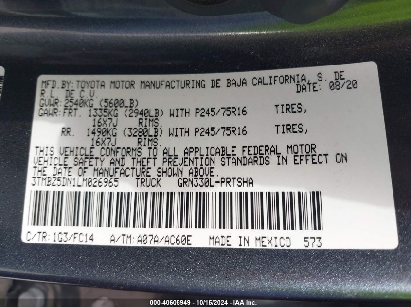 2020 Toyota Tacoma Sr5 V6 VIN: 3TMBZ5DN1LM026965 Lot: 40608949