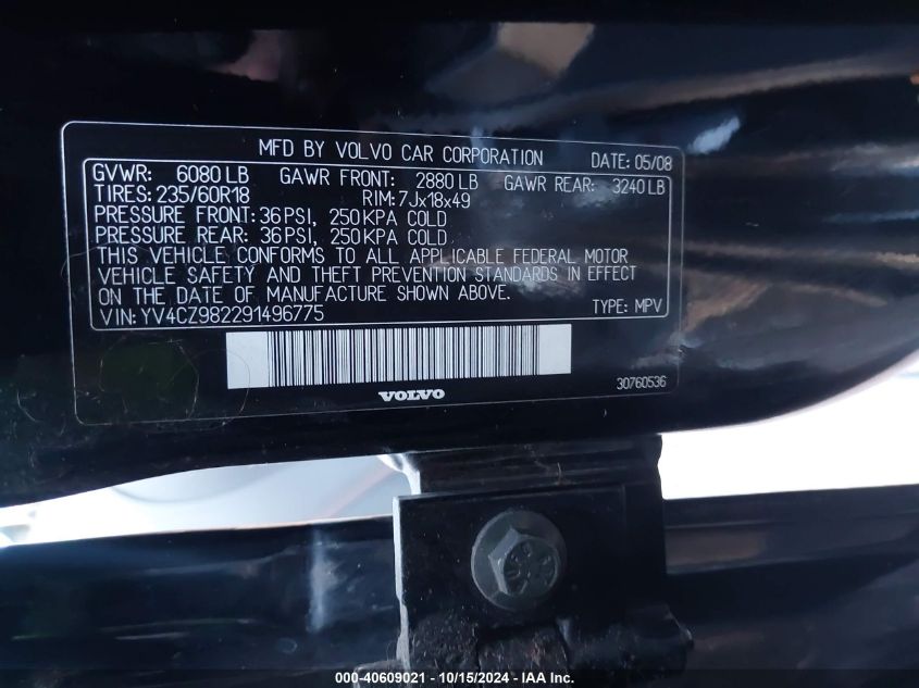 2009 Volvo Xc90 3.2 VIN: YV4CZ982291496775 Lot: 40609021