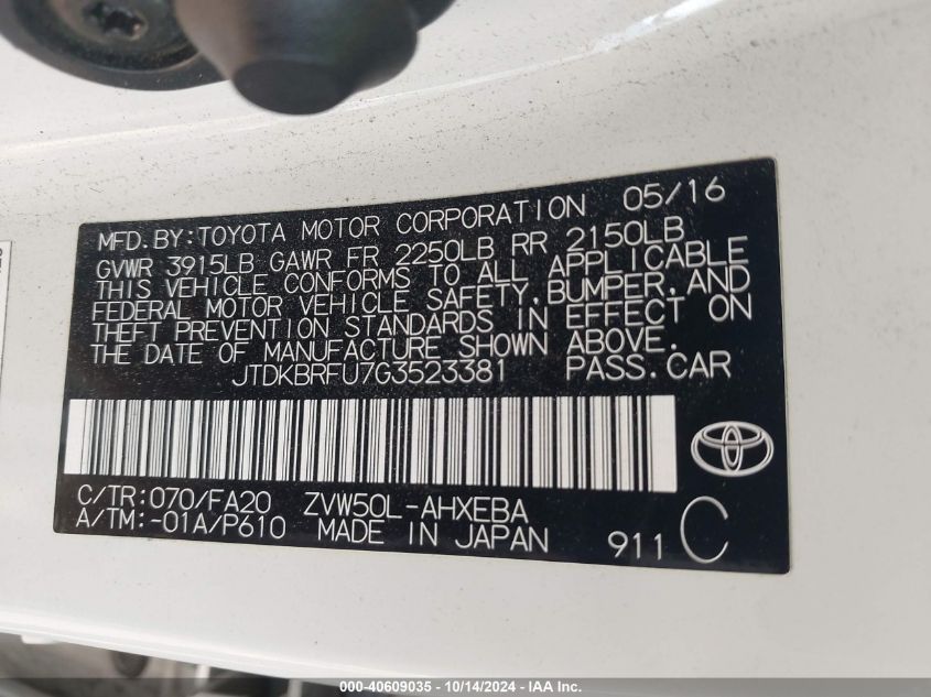 2016 Toyota Prius Two VIN: JTDKBRFU7G3523381 Lot: 40609035