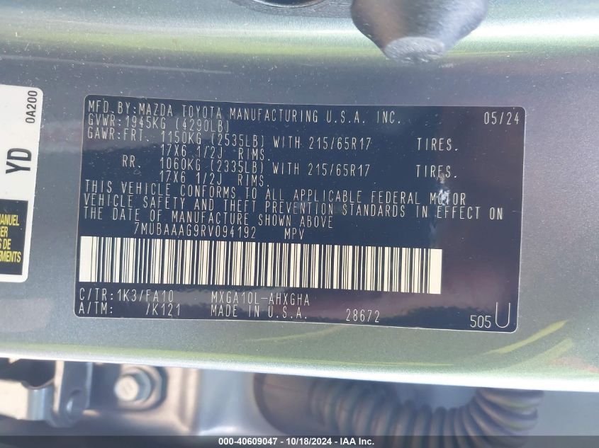 VIN 7MUBAAAG9RV094192 2024 TOYOTA COROLLA CROSS LE