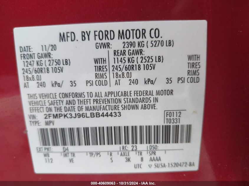 2020 Ford Edge Sel VIN: 2FMPK3J96LBB44433 Lot: 40609063