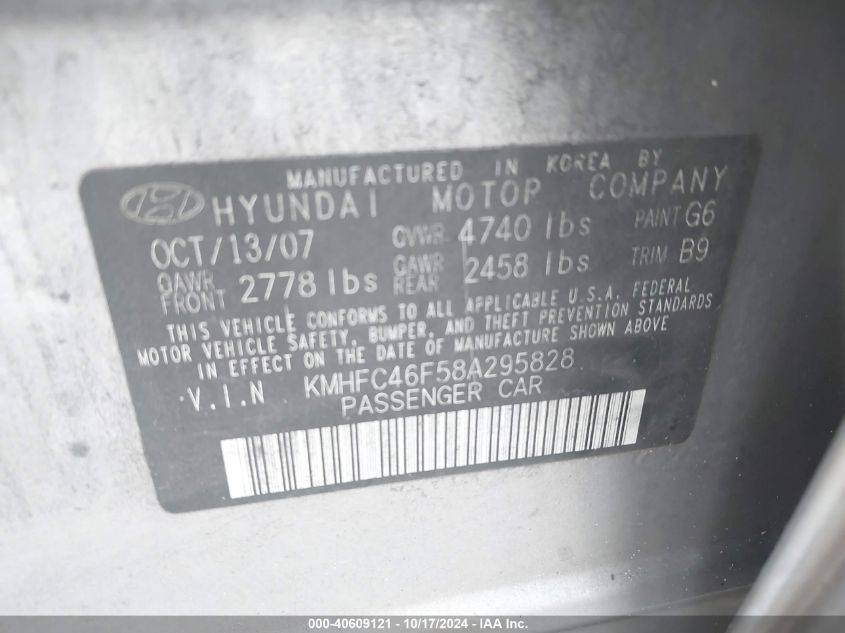 2008 Hyundai Azera Limited VIN: KMHFC46F58A295828 Lot: 40609121