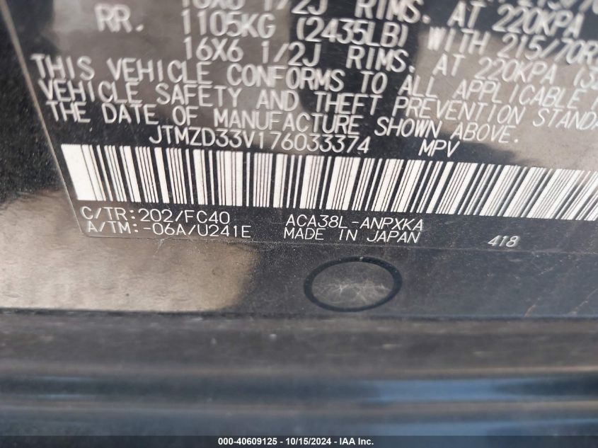 2007 Toyota Rav4 VIN: JTMZD33V176033374 Lot: 40609125