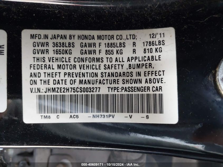 2012 Honda Insight Ex VIN: JHMZE2H75CS003277 Lot: 40609171