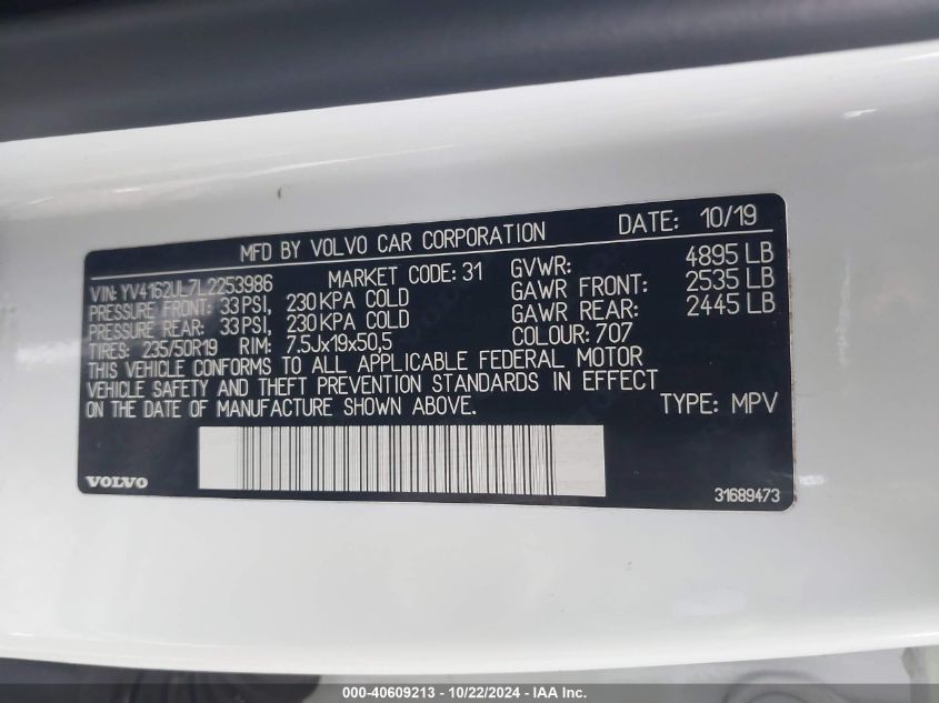 VIN YV4162UL7L2253986 2020 Volvo XC40, T5 Inscription no.9