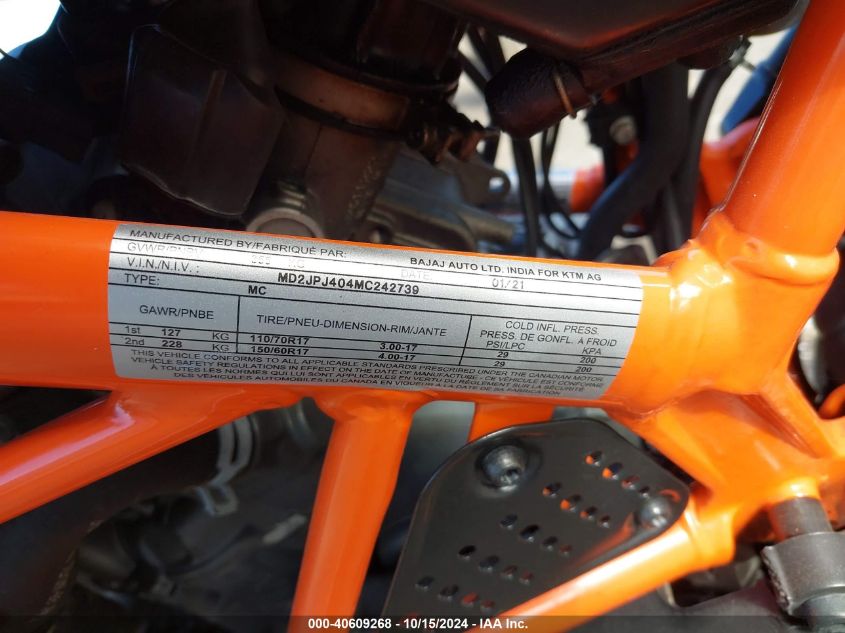 2021 Ktm 390 Duke VIN: MD2JPJ404MC242739 Lot: 40609268