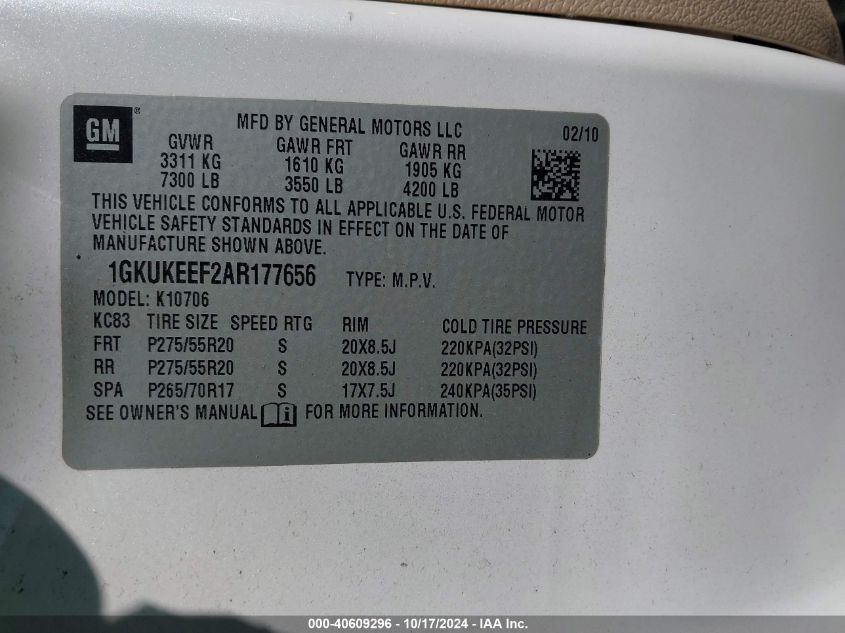 2010 GMC Yukon Denali VIN: 1GKUKEEF2AR177656 Lot: 40609296