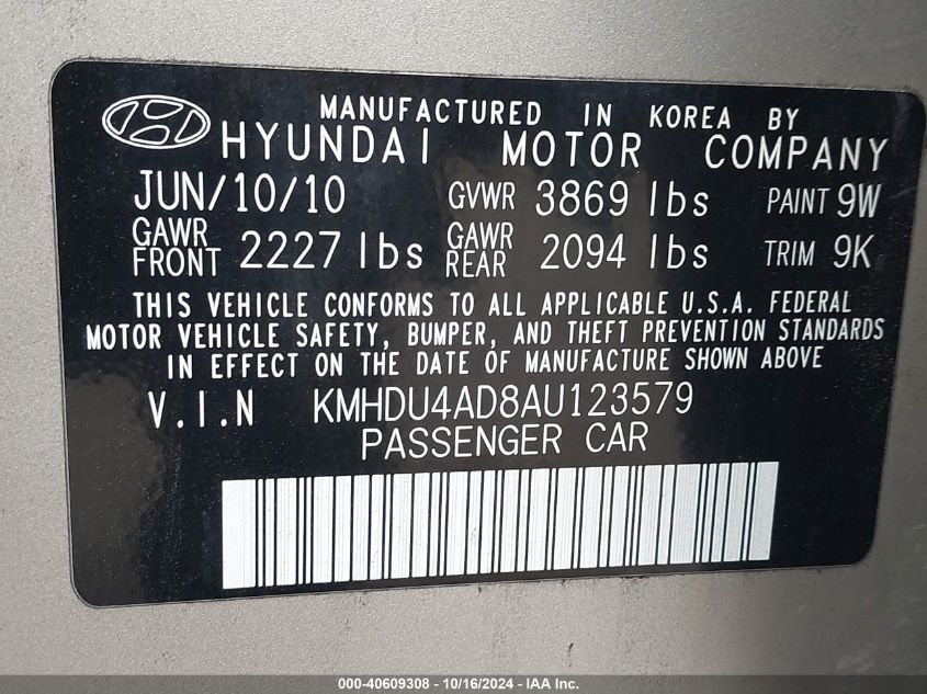 2010 Hyundai Elantra Gls VIN: KMHDU4AD8AU123579 Lot: 40609308