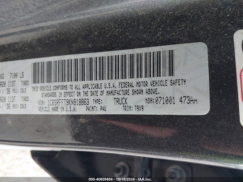 2019 Ram 1500 Big Horn/Lone Star 4X4 5'7 Box VIN: 1C6SRFFT9KN918863 Lot: 40609404