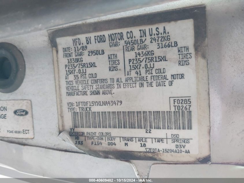 1990 Ford F150 VIN: 1FTDF15YXLNA43479 Lot: 40609482