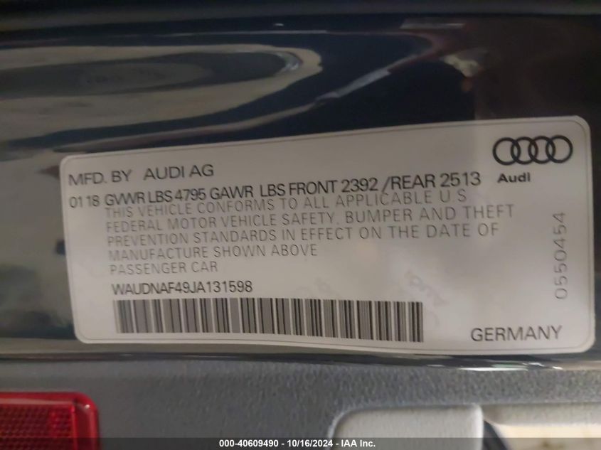 VIN WAUDNAF49JA131598 2018 AUDI A4 2.0T PREMIUM/2.0T TECH PREMIUM