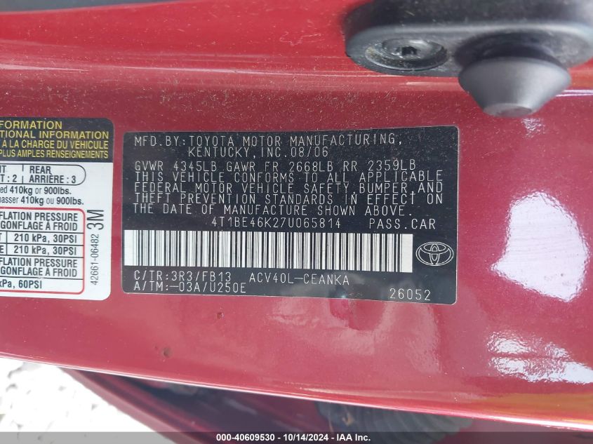 2007 Toyota Camry Le VIN: 4T1BE46K27U065814 Lot: 40609530