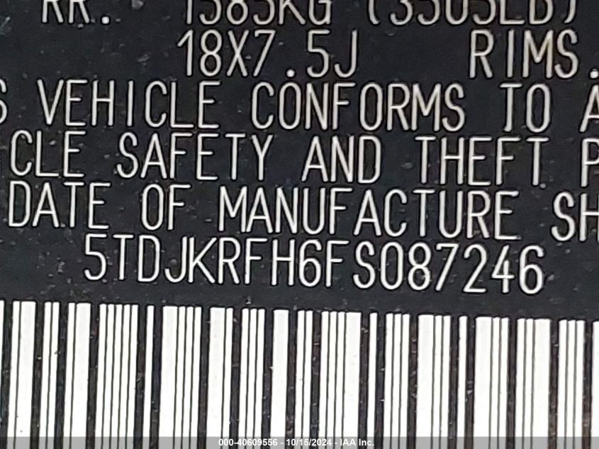 2015 Toyota Highlander Xle V6 VIN: 5TDJKRFH6FS087246 Lot: 40609556