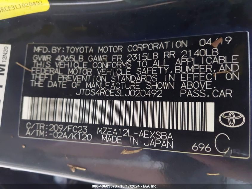 2020 Toyota Corolla Se/Night Shade VIN: JTDS4RCE3LJ020492 Lot: 40609578