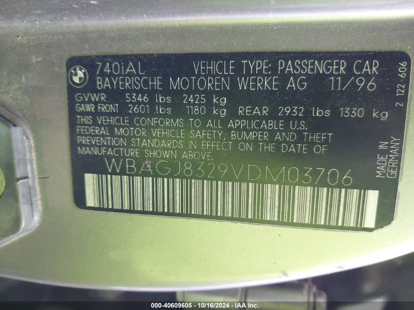 1997 BMW 740Il VIN: WBAGJ8329VDM03706 Lot: 40609605