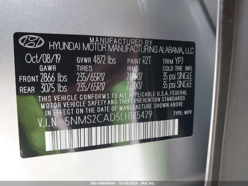 2020 Hyundai Santa Fe Se VIN: 5NMS2CAD5LH185429 Lot: 40609644