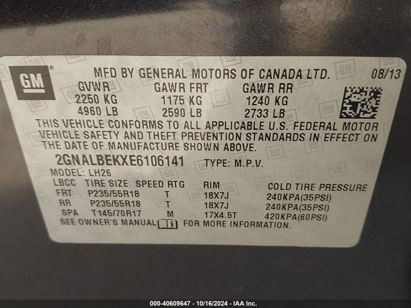 2014 Chevrolet Equinox 1Lt VIN: 2GNALBEKXE6106141 Lot: 40609647