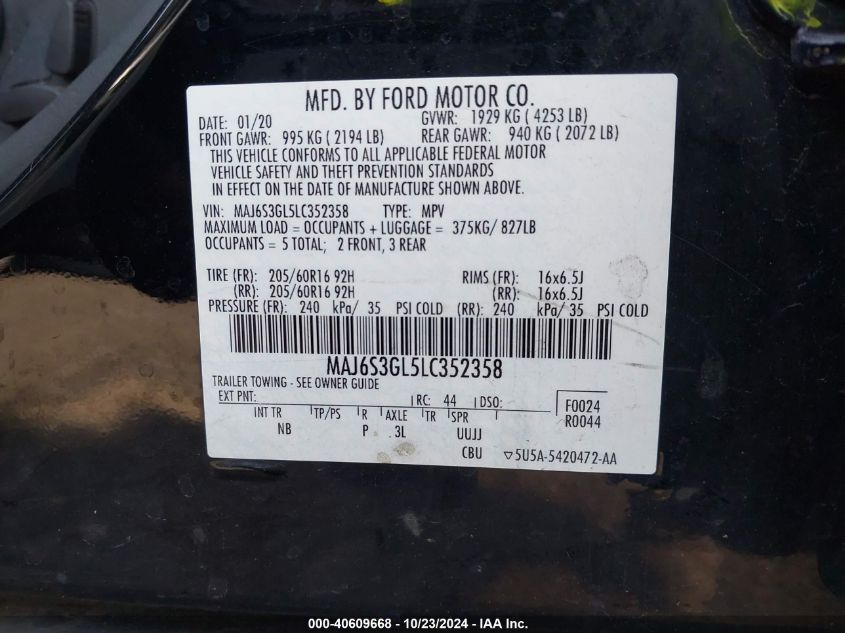 2020 Ford Ecosport Se VIN: MAJ6S3GL5LC352358 Lot: 40609668