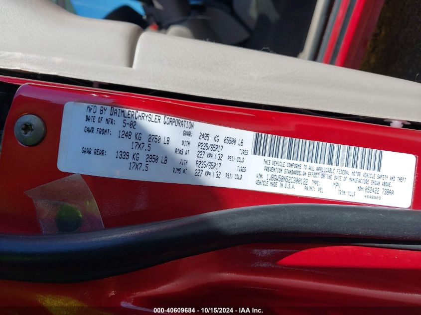 2002 Jeep Grand Cherokee Limited VIN: 1J8GW58N52C300122 Lot: 40609684