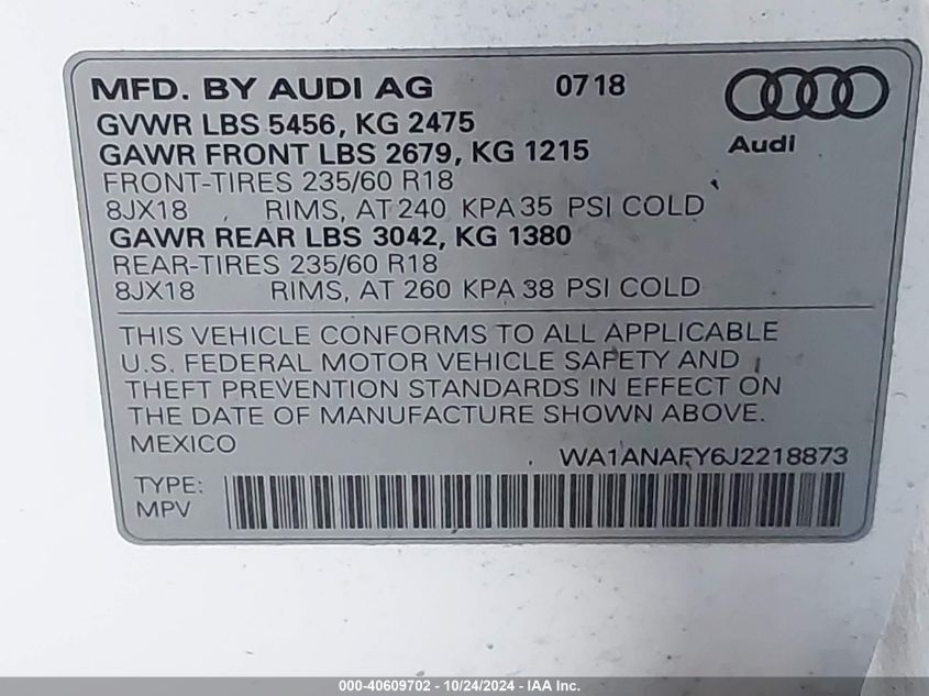 VIN WA1ANAFY6J2218873 2018 Audi Q5, 2.0T Premium/2.... no.9