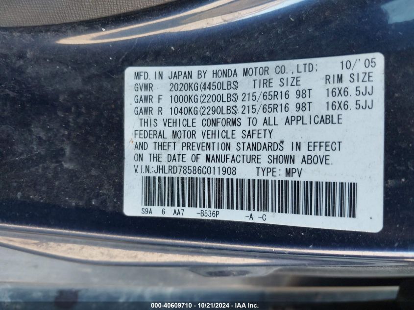 2006 Honda Cr-V Lx VIN: JHLRD78586C011908 Lot: 40609710