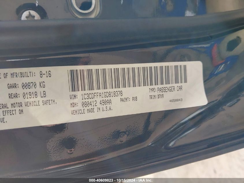 2016 Dodge Dart Sxt Sport VIN: 1C3CDFFA1GD818378 Lot: 40609823