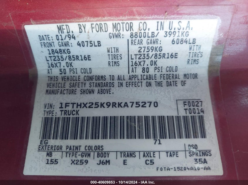 1994 Ford F250 VIN: 1FTHX25K9RKA75270 Lot: 40609853