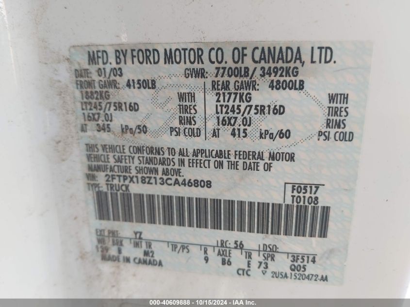 2003 Ford F-150 Lariat/Xl/Xlt VIN: 2FTPX18Z13CA46808 Lot: 40609888