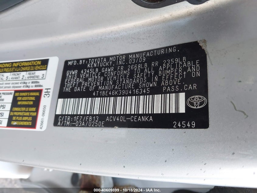 2009 Toyota Camry Le VIN: 4T1BE46K39U416345 Lot: 40609899