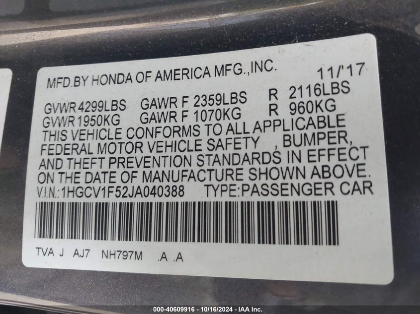 VIN 1HGCV1F52JA040388 2018 HONDA ACCORD EX-L