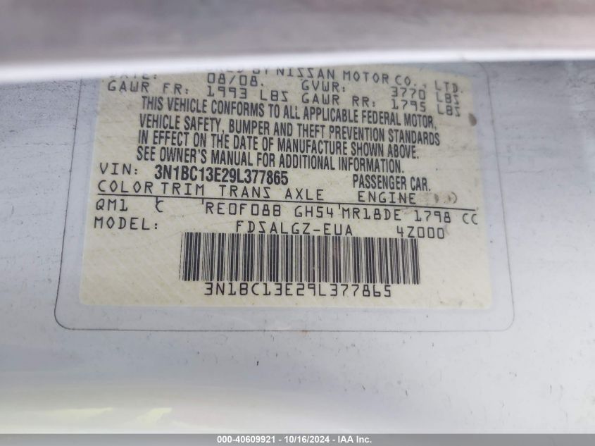 2009 Nissan Versa 1.8Sl VIN: 3N1BC13E29L377865 Lot: 40609921