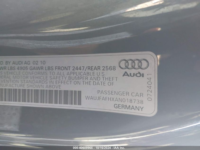 2010 Audi A5 2.0T Premium VIN: WAUJFAFHXAN018738 Lot: 40609965