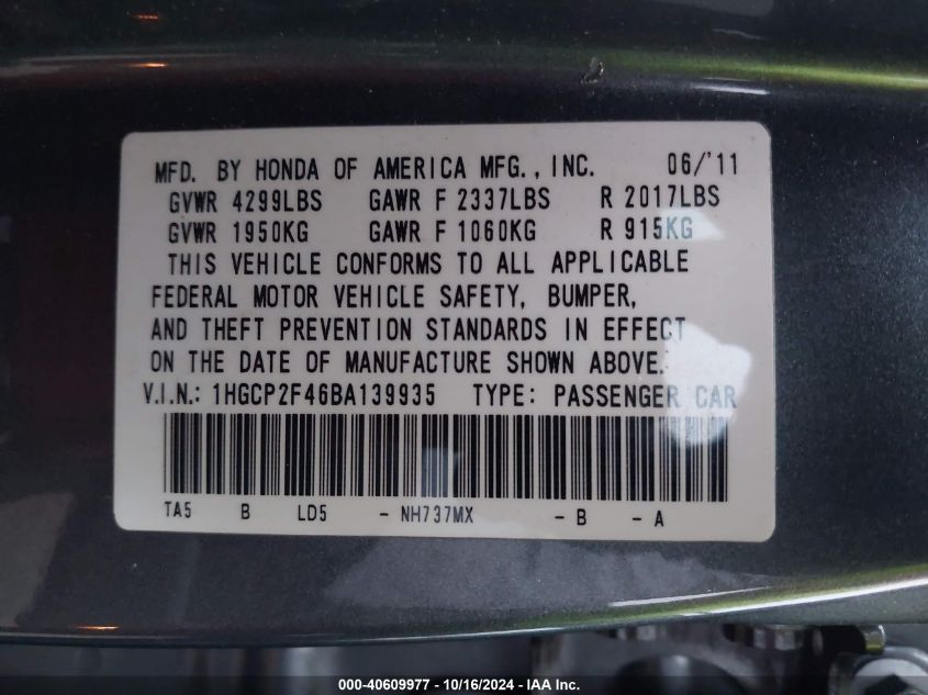2011 Honda Accord 2.4 Lx-P VIN: 1HGCP2F46BA139935 Lot: 40609977