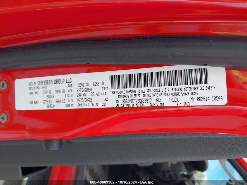 2011 Ram Ram 1500 St VIN: 3D7JV1ET7BG632917 Lot: 40609982