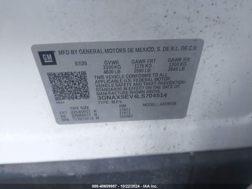 2020 Chevrolet Equinox Awd Ls VIN: 3GNAXSEV4LS704514 Lot: 40609987