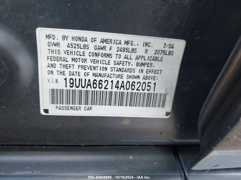 2004 Acura Tl VIN: 19UUA66214A062051 Lot: 40609996