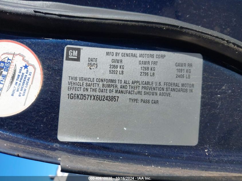 2006 Cadillac Dts Standard VIN: 1G6KD57YX6U243857 Lot: 40610030