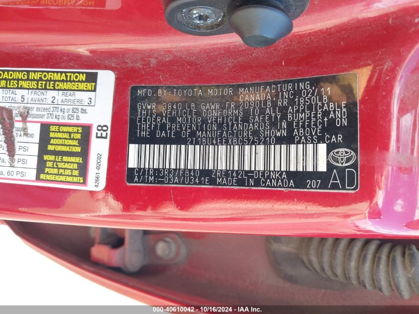 2011 Toyota Corolla Le VIN: 2T1BU4EEXBC575210 Lot: 40610042