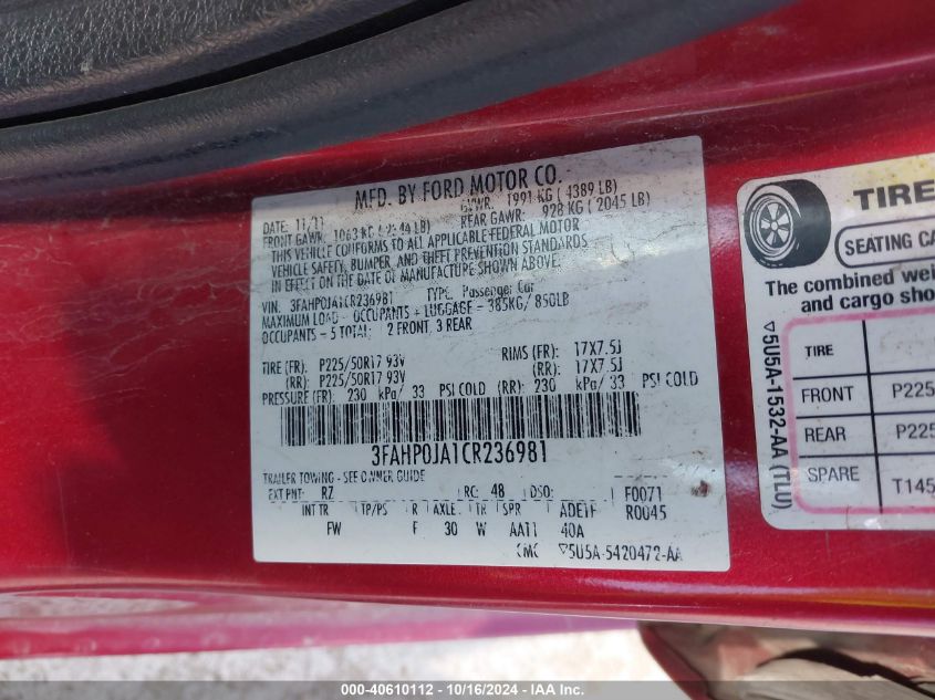 2012 Ford Fusion Sel VIN: 3FAHP0JA1CR236981 Lot: 40610112