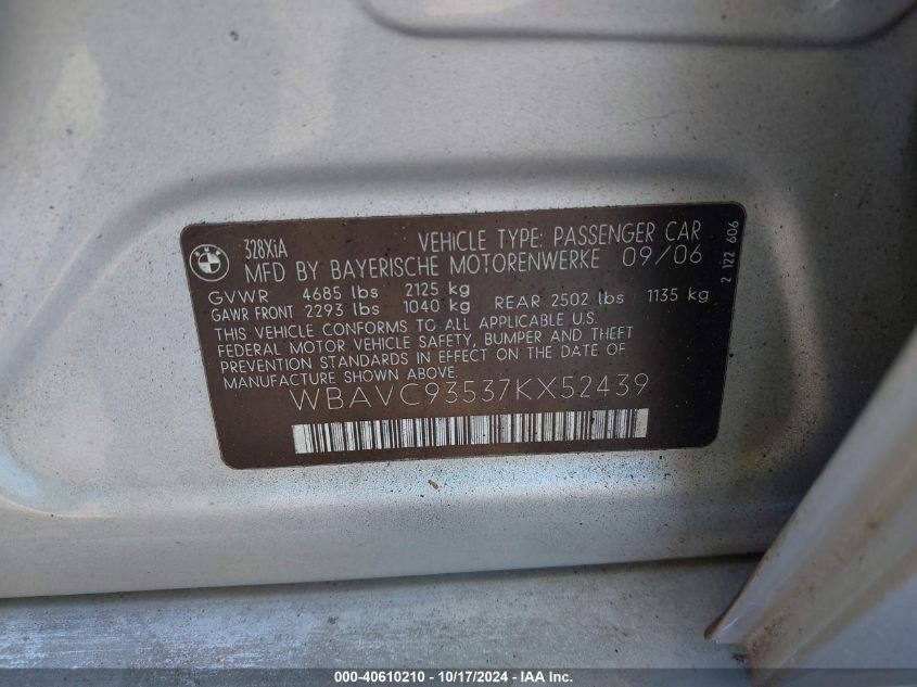2007 BMW 328Xi Xi VIN: WBAVC93537KX52439 Lot: 40610210