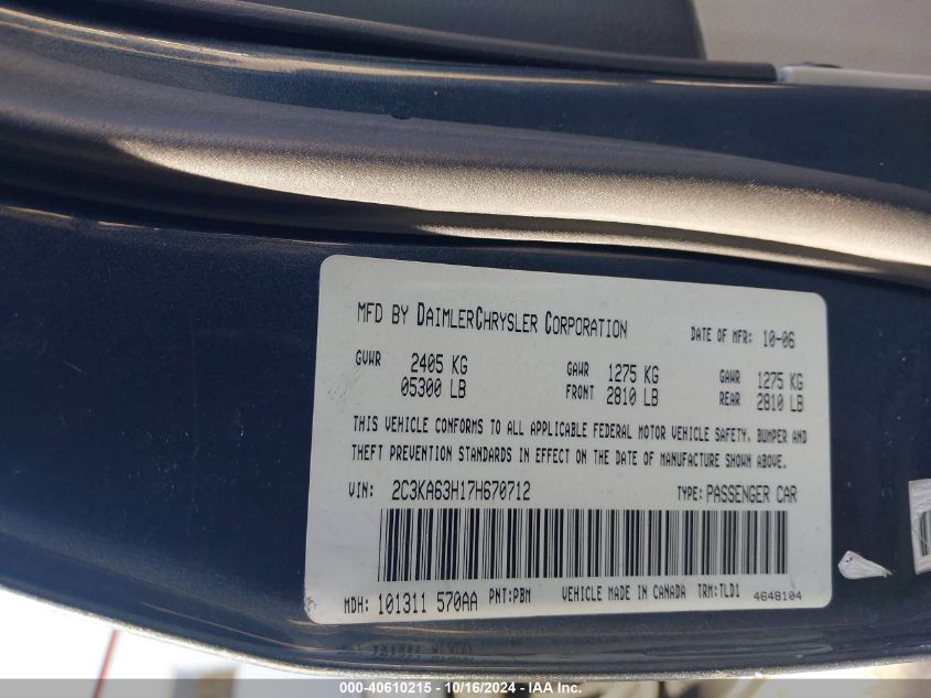 2007 Chrysler 300C VIN: 2C3KA63H17H670712 Lot: 40610215