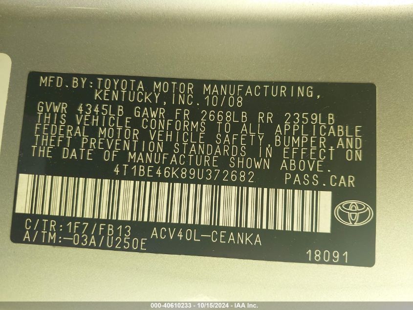 2009 Toyota Camry Le VIN: 4T1BE46K89U372682 Lot: 40610233